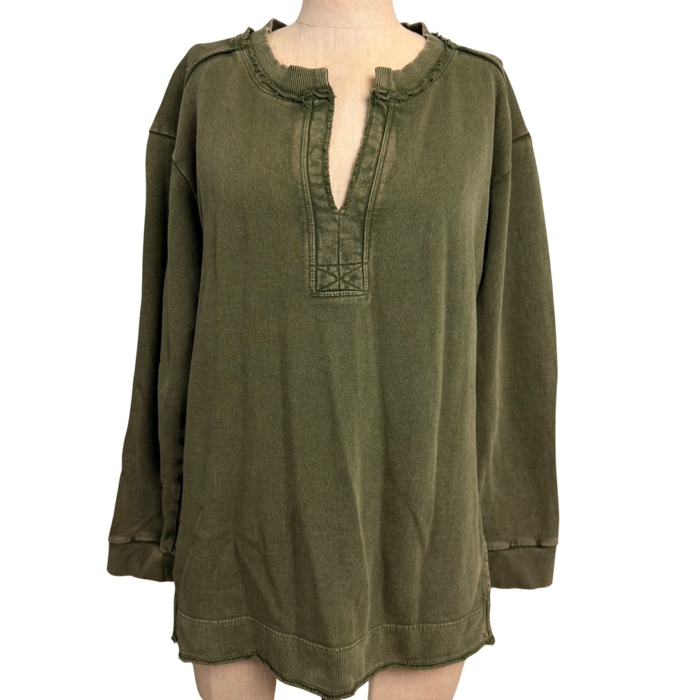 Pilcro Anthropologie Olive Green Split Back Thermal Knit Top Womens Medium